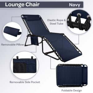 Lavish Home Lounge Chair Outdoor Furniture - 3 Position Adjustable Beach Chair - Folding Chair with Pocket and Pillow - Patio Furniture (Navy)