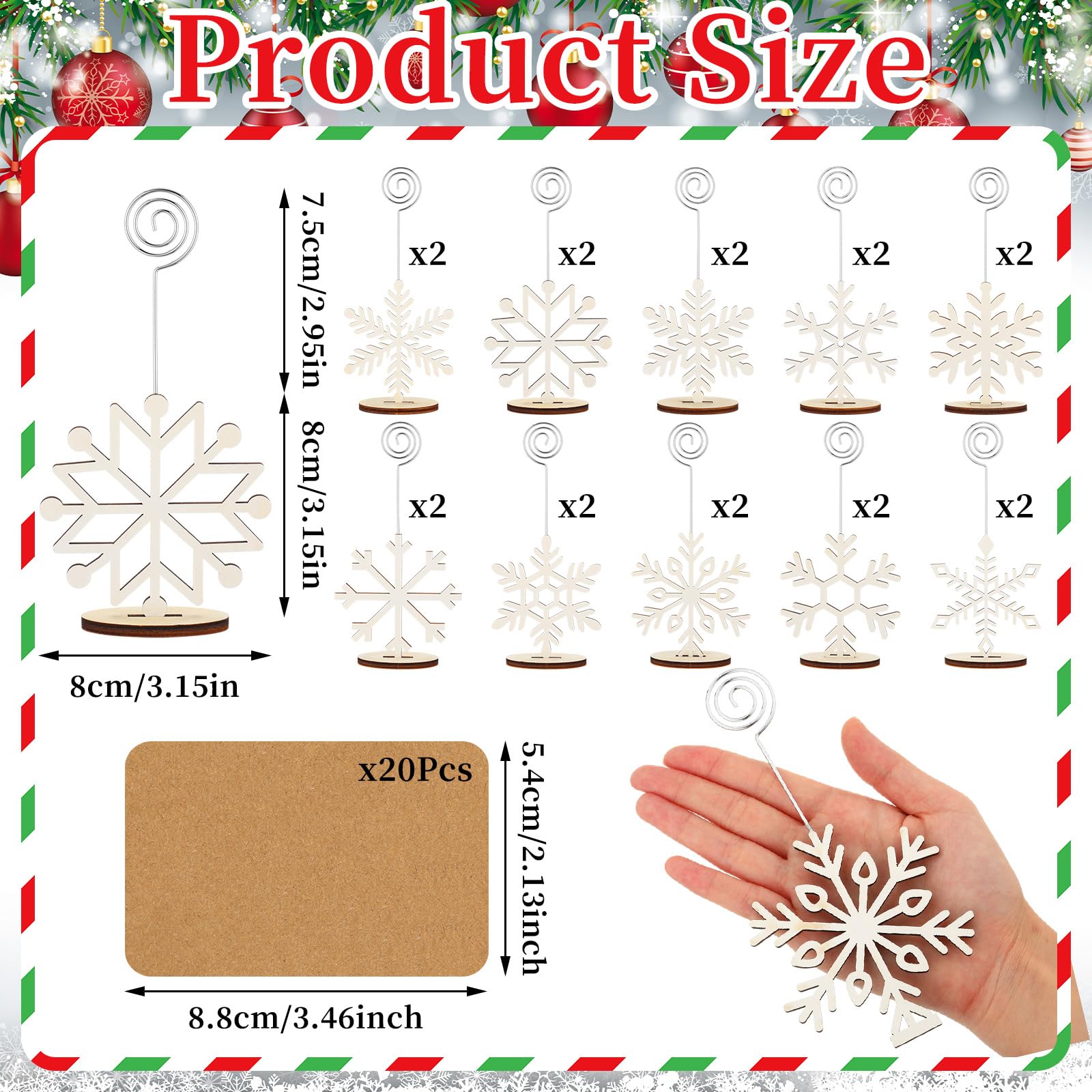 Funnymoom 20 Pcs Christmas Wood Place Card Holders Stand Display and 20 Pcs Kraft Place Cards Santa Snowman Elk Star Number Name Photo Picture Clip Holder for Xmas Party Table Decoration (Snowflake)