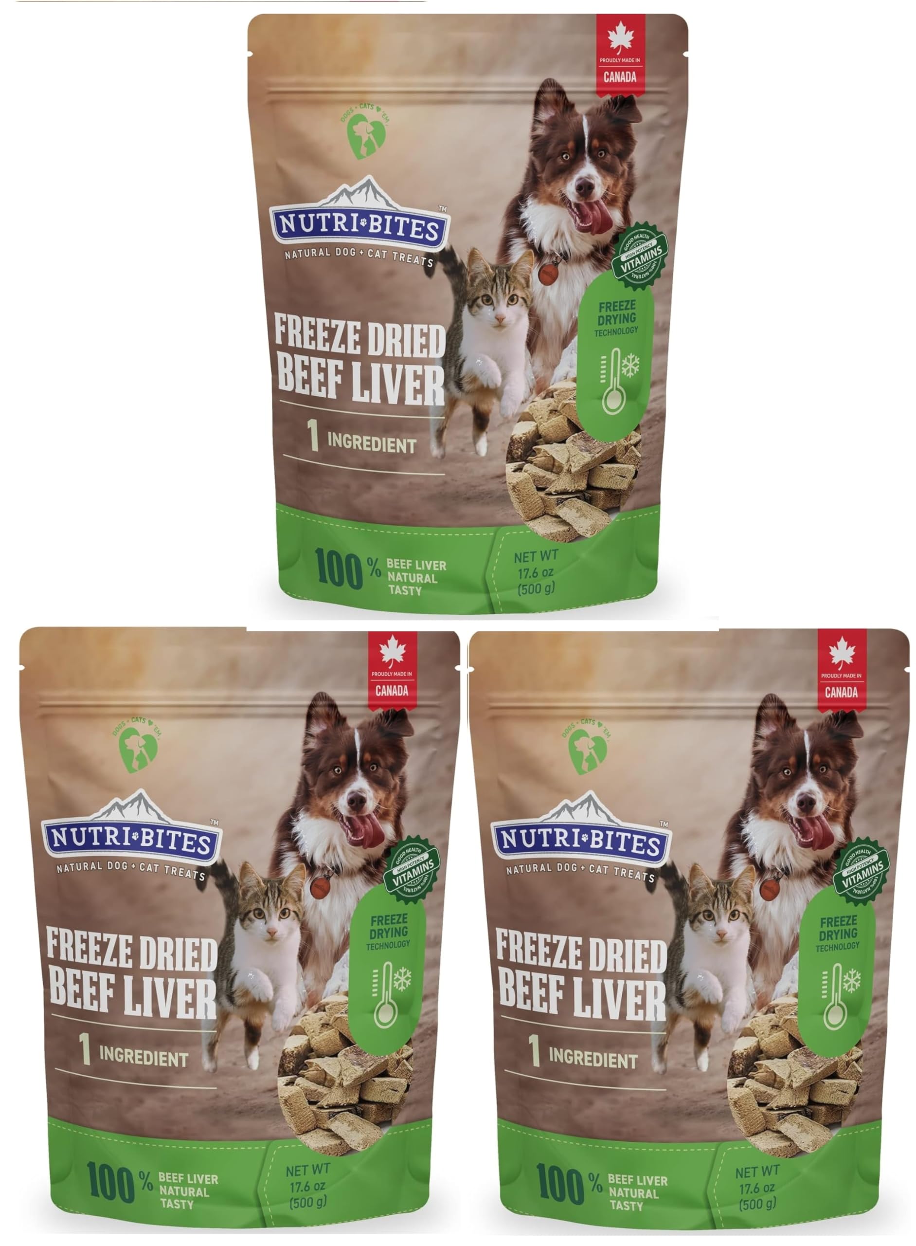 (Pack of 3) Nutri Bites Freeze Dried Beef Liver Dogs&Cats Treats 17.6 oz