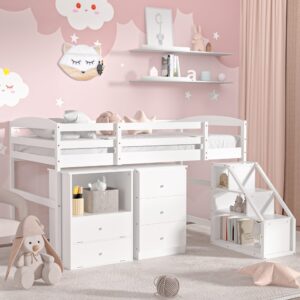 turridu low loft bed with pullable storage staircase and 2 cabinet, wooden stairway loft bed with drawers and shelves, twin size bed frame for girls, boys, teens, no box spring needed