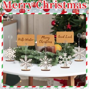 Funnymoom 20 Pcs Christmas Wood Place Card Holders Stand Display and 20 Pcs Kraft Place Cards Santa Snowman Elk Star Number Name Photo Picture Clip Holder for Xmas Party Table Decoration (Snowflake)