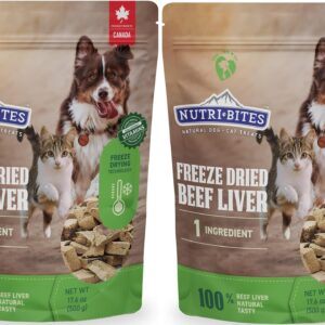 (Pack of 2) Nutri Bites Freeze Dried Beef Liver Treats for Dogs & Cats - High-Protein, Grain Free, Easy to Digest - Proudly Made in Canada - 500g / 17.6oz