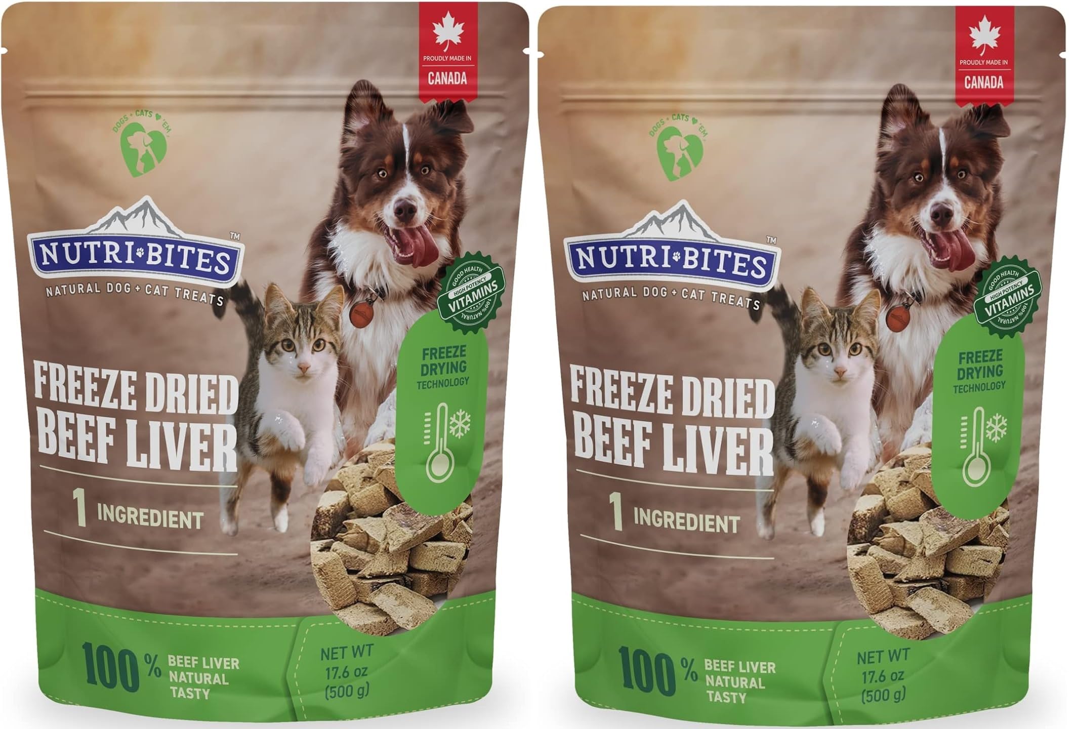 (Pack of 2) Nutri Bites Freeze Dried Beef Liver Treats for Dogs & Cats - High-Protein, Grain Free, Easy to Digest - Proudly Made in Canada - 500g / 17.6oz