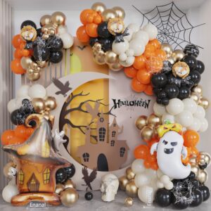 halloween balloon garland arch kit, 147pcs orange black sand white balloons with large szie ghost foil balloons self-standing haunted house mylar balloons for halloween party little boo party decor