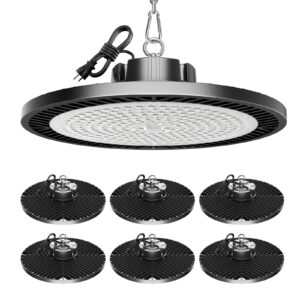 upgrade 350w led shop lights, 6 pack super bright 52500lm 5000k ufo led high bay light, high bay led shop lights with us plug 5' cable,led shop light for garage workshop factory barn gym warehouse