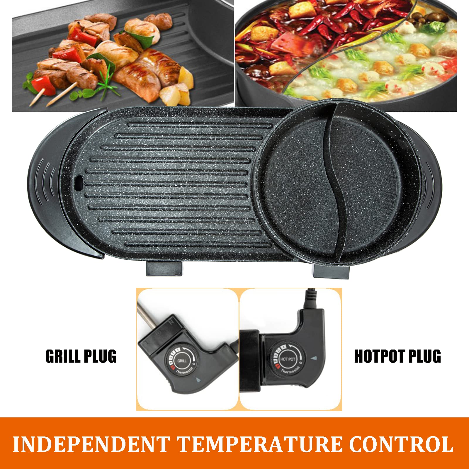 TECSPACE 2 in 1 Smokeless Hot Pot with Grill 2200W, 36.2"Length, 3.2 Qts.Korean BBQ Grill Pan Shabu Shabu Hot Pot with Divider, Dual Temperature Control, Suitable for 2-12 People for Family Party