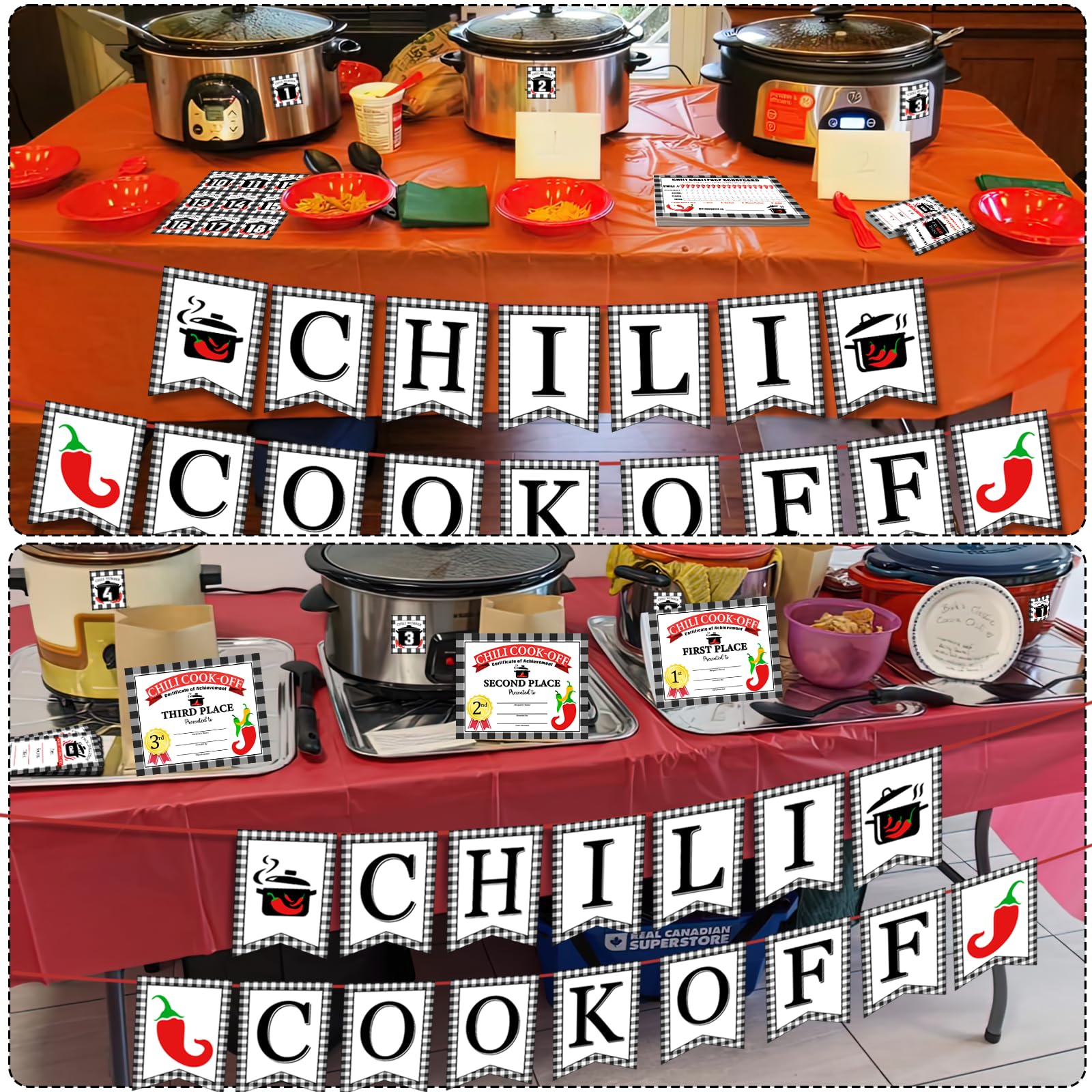 Chili Cook Off Contest Party Kit,Chili Cook off Banner,Chili Contest Entry Forms,Pot Numbers,Chili Tasting Score Cards,Chili Competition Voting Cards,Certificate of Commendation