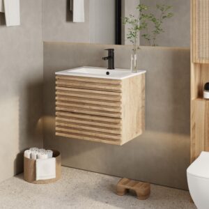 eclife 24" Floating Bathroom Vanity with Sink Combo Mid-Century Wall Mounted Cabinet Set with Wood Stripes, Drawers, Undermount Sink & Faucet, Light Walnut