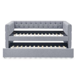 DS-HOMEPORT Daybed with Trundle, Upholstered Tufted Twin Sofa Bed with Button and Copper Nail on Square Arm (Grey)