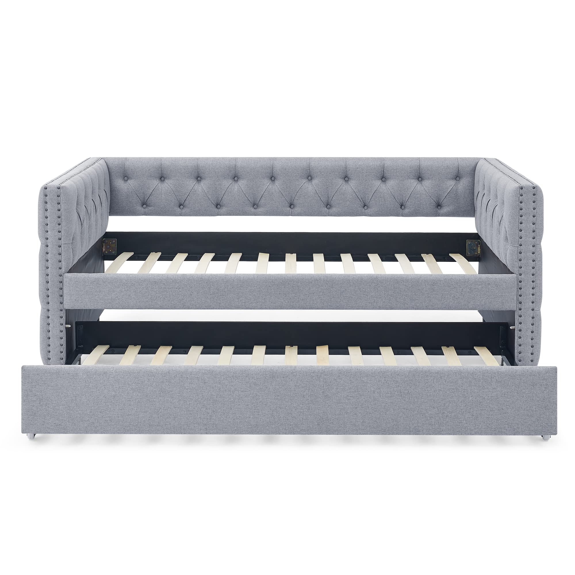 DS-HOMEPORT Daybed with Trundle, Upholstered Tufted Twin Sofa Bed with Button and Copper Nail on Square Arm (Grey)