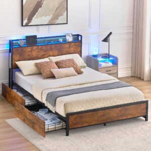 sunnyfurn queen size bed frame with 4 storage drawers and headboard with charging station and led light,2 tier solid wood headboard storage,strong wood slats support,no box spring needed,vintage brown