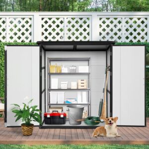 5x3ft outdoor storage shed, resin storage shed, waterproof resin cabinet with lockable doors for bikes and patio furniture (white)