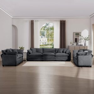 Nestglow Oversized 3 Piece Sofa Set for Living Room, 3-Seater & 2 Single Sofa, Modular Sectional Deep Seat Corduroy Comfy Cloud Couches with 2 Armrest Pillows and 5 Toss Pillows, Grey