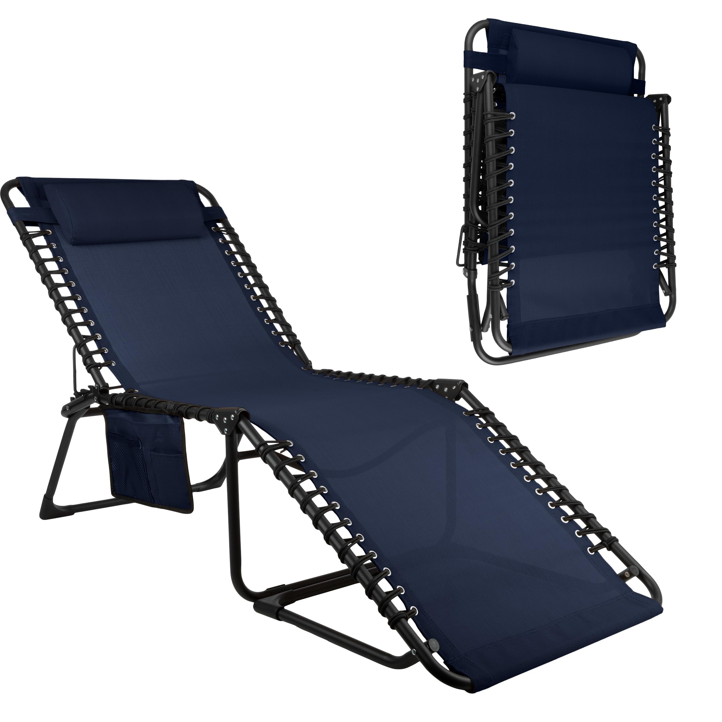 Lavish Home Lounge Chair Outdoor Furniture - 3 Position Adjustable Beach Chair - Folding Chair with Pocket and Pillow - Patio Furniture (Navy)