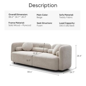 Yoglad 88.58‘’ 3-Seat Modern Curved Boucle Sofa, Cozy Thick Upholstered Teddy Loveseat, Half Moon Aesthetic Design Sherpa Couch for Small Living Room Bedroom Apartment Studio (Light Beige)