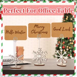 Funnymoom 20 Pcs Christmas Wood Place Card Holders Stand Display and 20 Pcs Kraft Place Cards Santa Snowman Elk Star Number Name Photo Picture Clip Holder for Xmas Party Table Decoration (Snowflake)