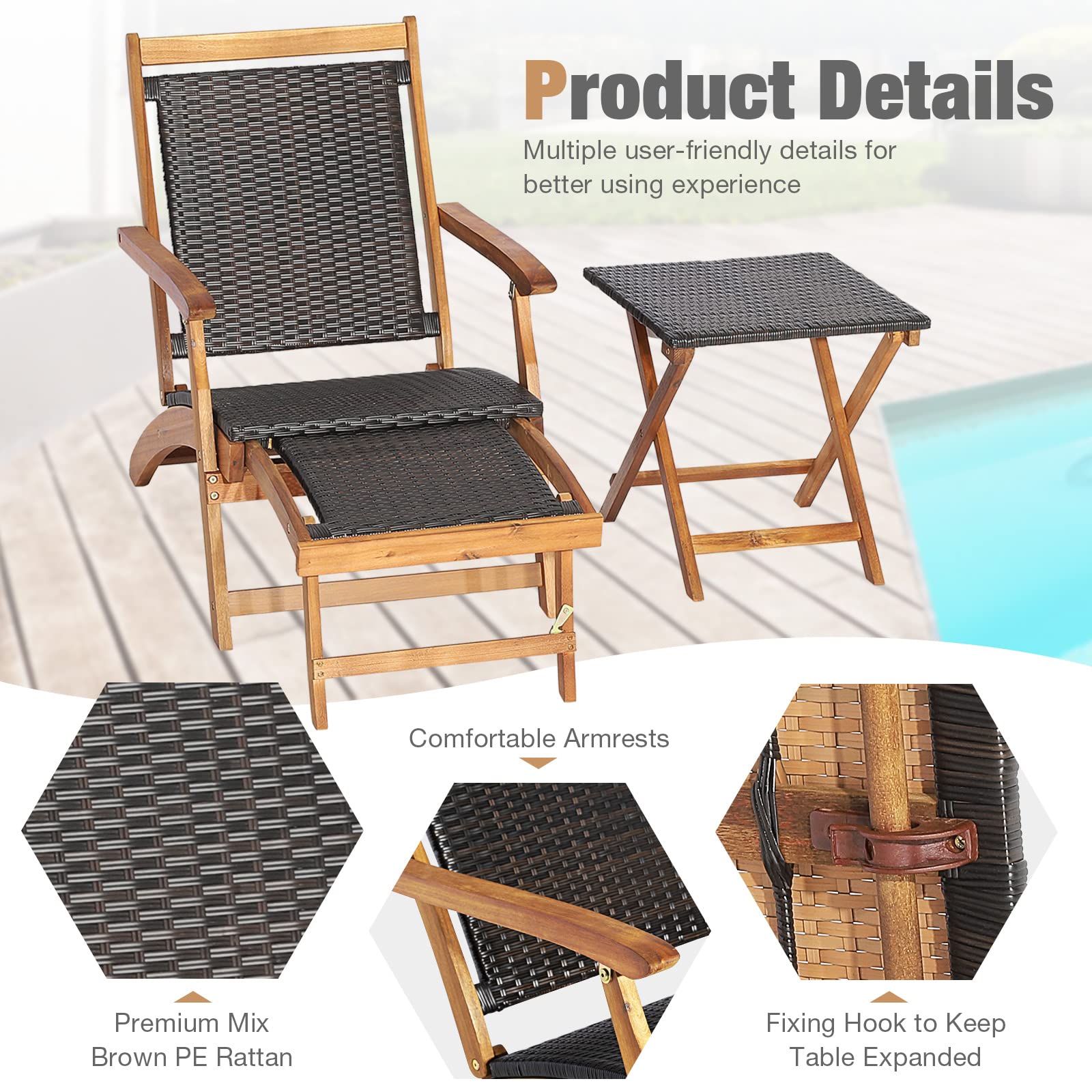 HAPPYGRILL Patio Lounge Chair Set of 3, Outdoor Acacia Wood Rattan Wicker Chaise Lounge w/Side Table, Deck Chair w/Armrest & Retractable Ottoman, for Backyard, Poolside