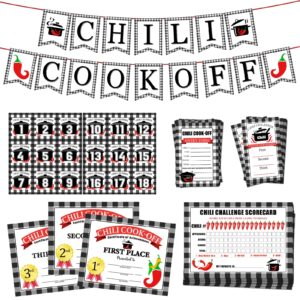 chili cook off contest party kit,chili cook off banner,chili contest entry forms,pot numbers,chili tasting score cards,chili competition voting cards,certificate of commendation