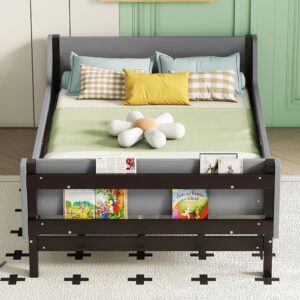 kids twin size bed frame with storage bookcase, wood twin bed frames for kids, twin bed frame with headboard and footboard for boys girls, no box spring needed,grey