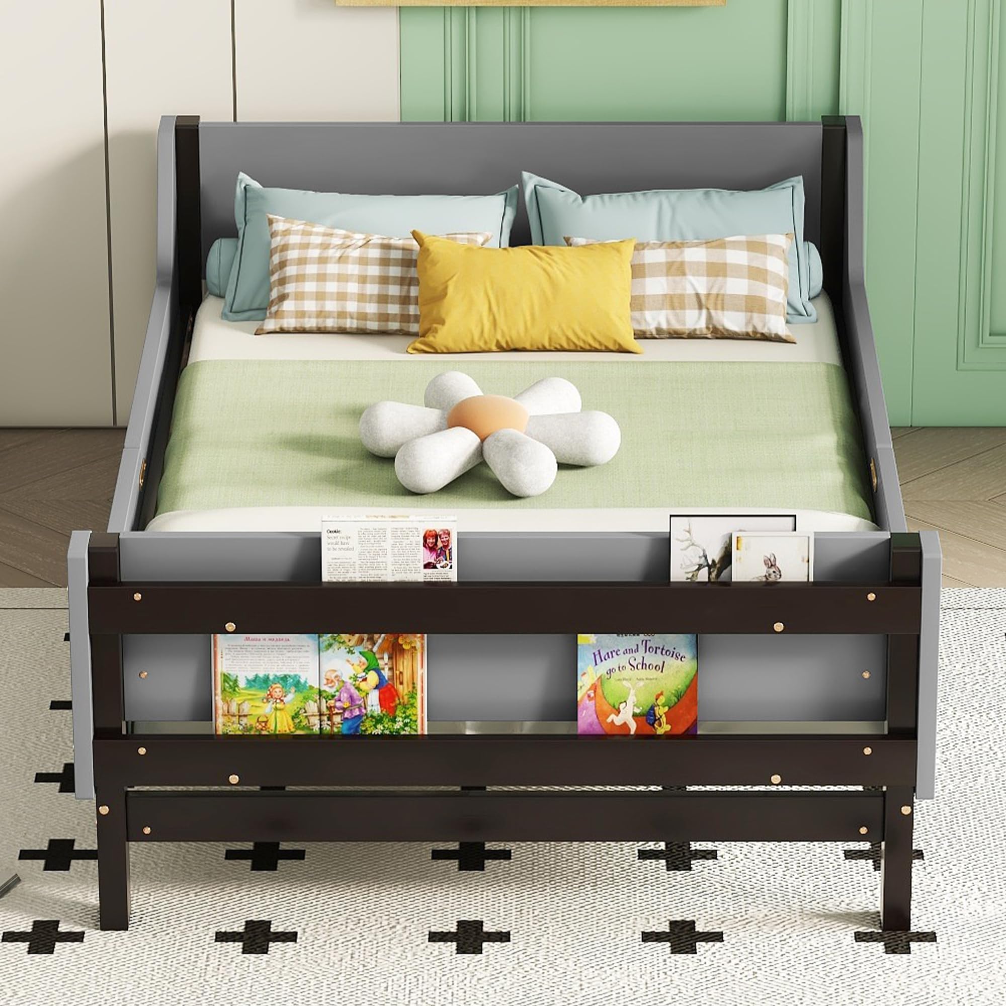 Kids Twin Size Bed Frame with Storage Bookcase, Wood Twin Bed Frames for Kids, Twin Bed Frame with Headboard and Footboard for Boys Girls, No Box Spring Needed,Grey