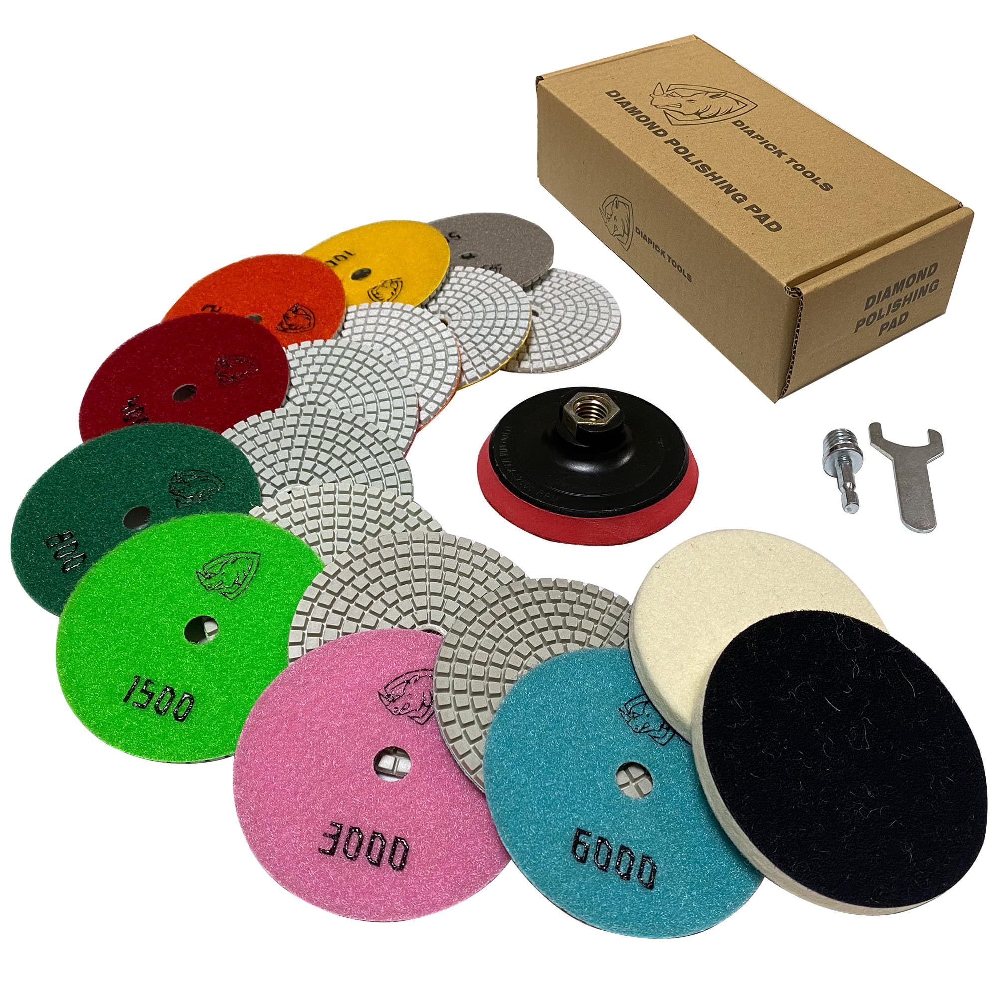 DIAPICK TOOLS Diamond Polishing Pads 4 Inch Wet Dry Set 13 Pieces for Concrete Marble Quartz Stone Countertop Granite Polishing and Sanding disc Include 5/8"-11thread Backer pad and Drill Adapter