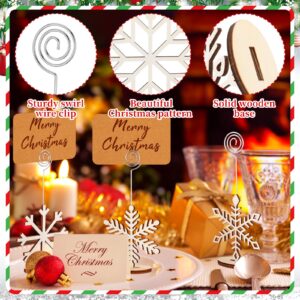 Funnymoom 20 Pcs Christmas Wood Place Card Holders Stand Display and 20 Pcs Kraft Place Cards Santa Snowman Elk Star Number Name Photo Picture Clip Holder for Xmas Party Table Decoration (Snowflake)