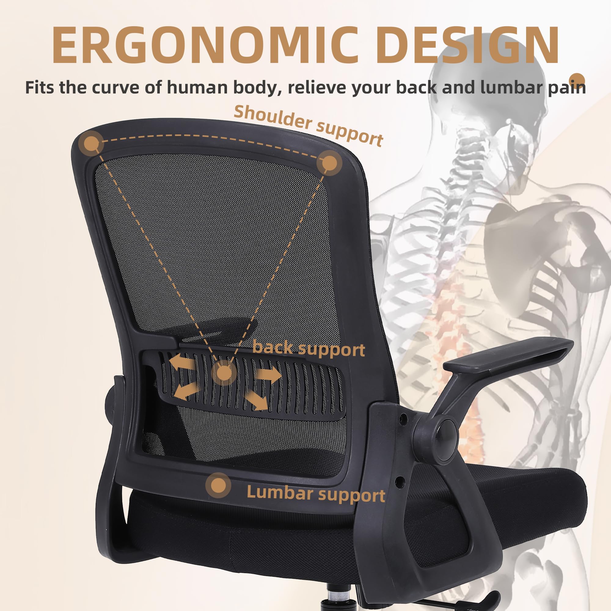 Ermnois Office Chair, Ergonomic Desk Chair with Lumbar Support, Breathable Mesh Chair with Flip-up Armrests and Mid Back, Comfy Task Computer Height Adjustable Swivel Chair (1, Black)