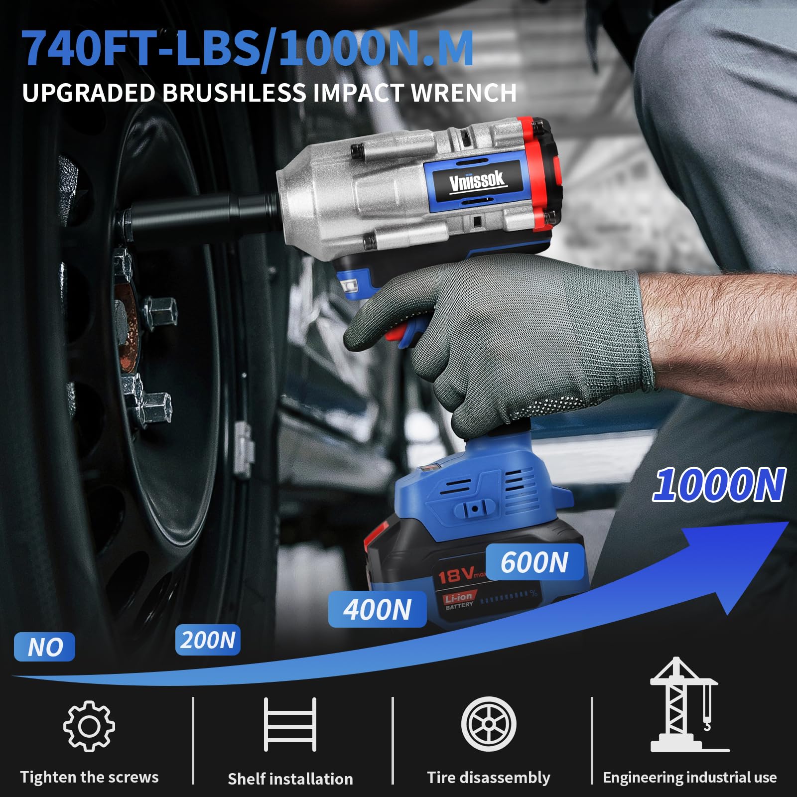 Vniissok Cordless Impact Wrench, 1000N.m(740ft-lbs) High Torque Brushless Impact Gun with 2 x 4.0Ah Batteries, Electric Impact Driver for Car Tires Truck Mower