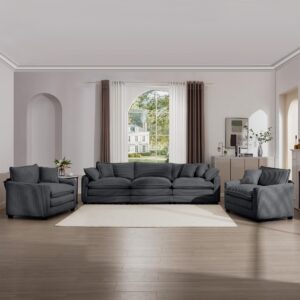 Nestglow Oversized 3 Piece Sofa Set for Living Room, 3-Seater & 2 Single Sofa, Modular Sectional Deep Seat Corduroy Comfy Cloud Couches with 2 Armrest Pillows and 5 Toss Pillows, Grey