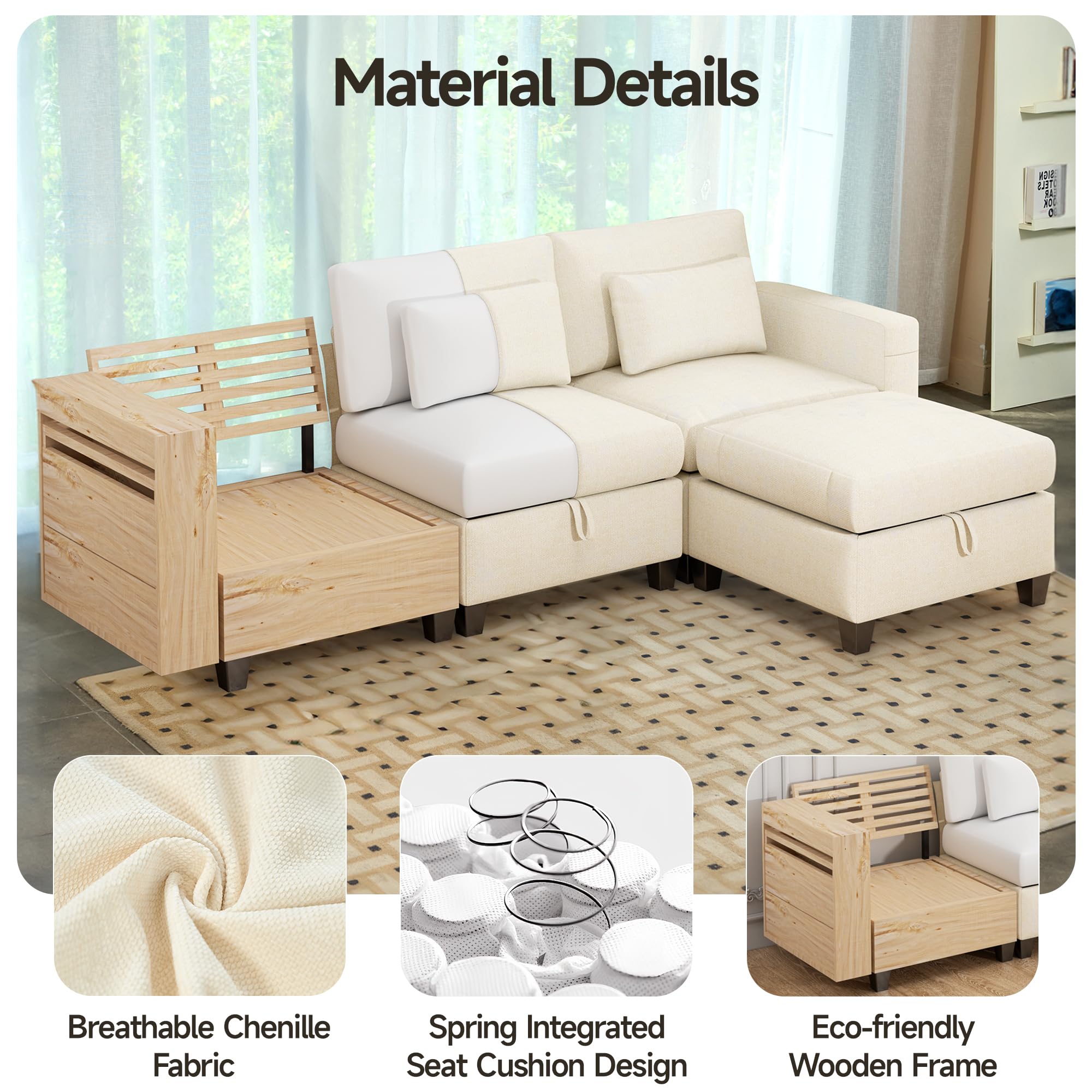 Real Relax Oversized 100'' Convertible Sectional Sofa Couch, 3 Seat L Shaped Chenille Modular Sofa with Removable Pillows and Movable Ottoman, Beige