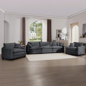 nestglow oversized 3 piece sofa set for living room, 3-seater & 2 single sofa, modular sectional deep seat corduroy comfy cloud couches with 2 armrest pillows and 5 toss pillows, grey