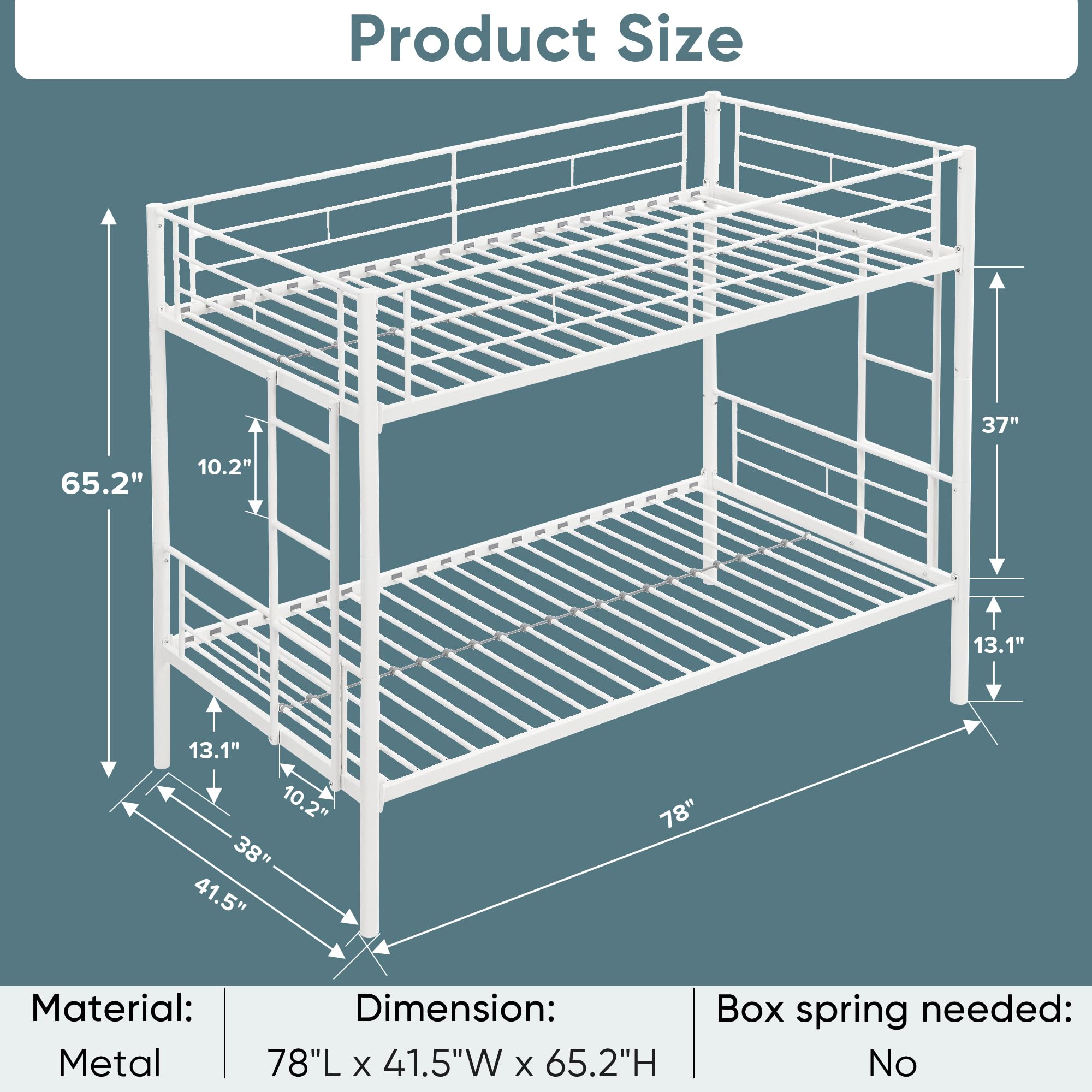 PVWIIK Twin Over Twin Metal Bunk Bed for Kids Boys Girls,Metal Structure Bedframe with Ladders & Guardrail,Convertible 2 Beds,No Spring Box Required,White