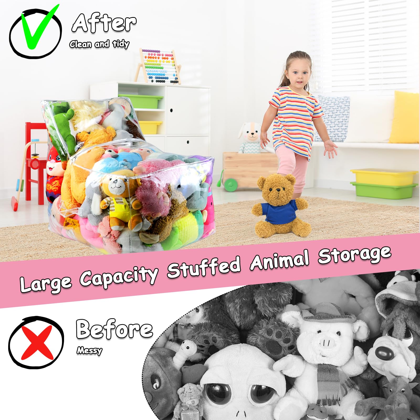 Clear Stuffed Animal Storage, Large Stuffed Animal Bean Bag Chair Cover for Kids, Waterproof PVC Plush Toys Storage Creative Stuffable Zipper Bean Bag for Organizing Bedroom & Nursery