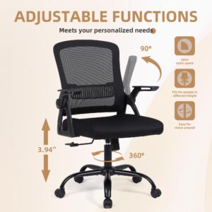 Ermnois Office Chair, Ergonomic Desk Chair with Lumbar Support, Breathable Mesh Chair with Flip-up Armrests and Mid Back, Comfy Task Computer Height Adjustable Swivel Chair (1, Black)