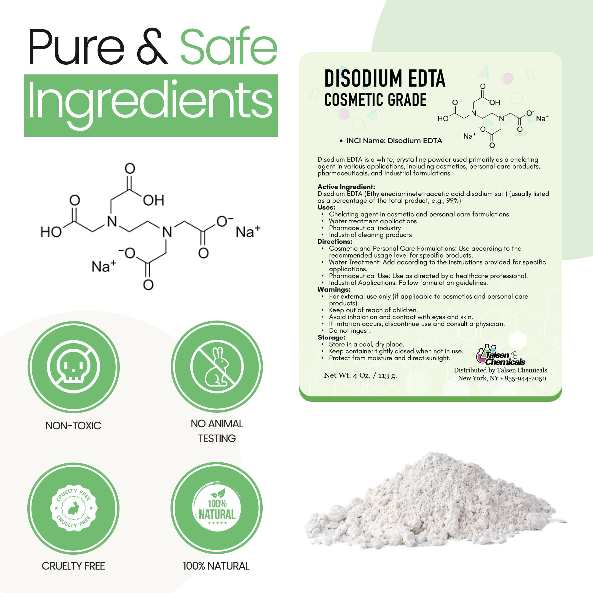 Talsen Chemicals Disodium EDTA Powder Cosmetic Grade 8 Oz / 226 Grams - Organic Chelating Agent for Industrial, Cosmetic & Laboratory - Edta Chelation Stabilizes Formulations & Enhances Performance