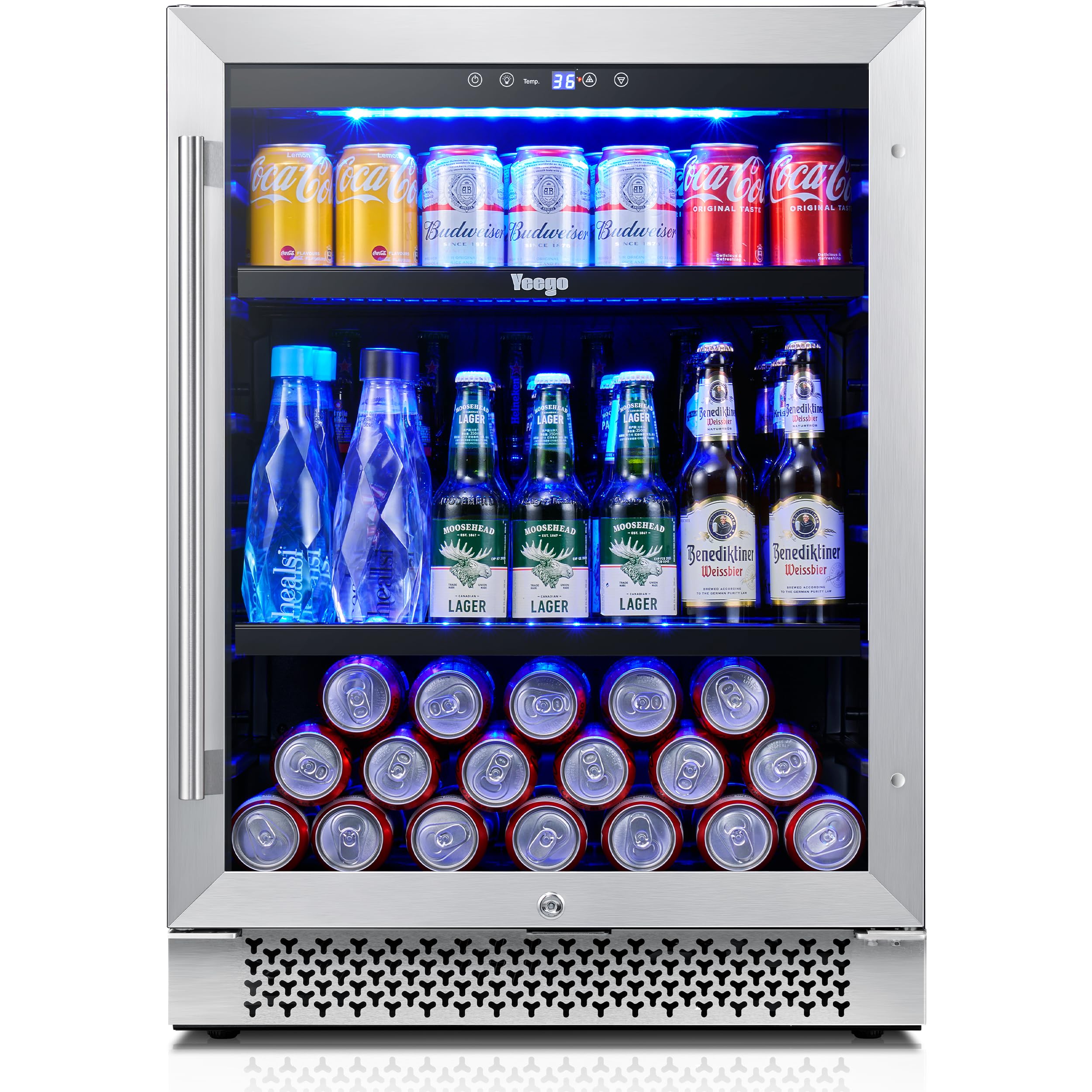 Yeego Beverage Refrigerator & Drink Fridge - 24 inch 180 Cans Beer Cooler Glass Door with Lock, Reversible Door Under Counter Refrigerator Built-in for Soda Wine for Bar Office Bedroom