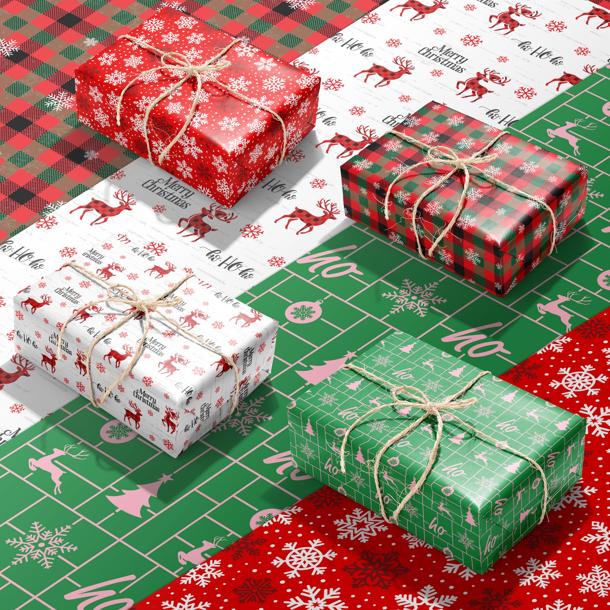 MotiGiftie Christmas Wrapping Paper for Kids Adults - Xmas Wrapping Paper with Red/Green Plaid, Reindeer, Snowflakes, “Ho Ho” Xmas Trees - 20 x 28 Inches, 12 Folded Sheets, Easy to Store