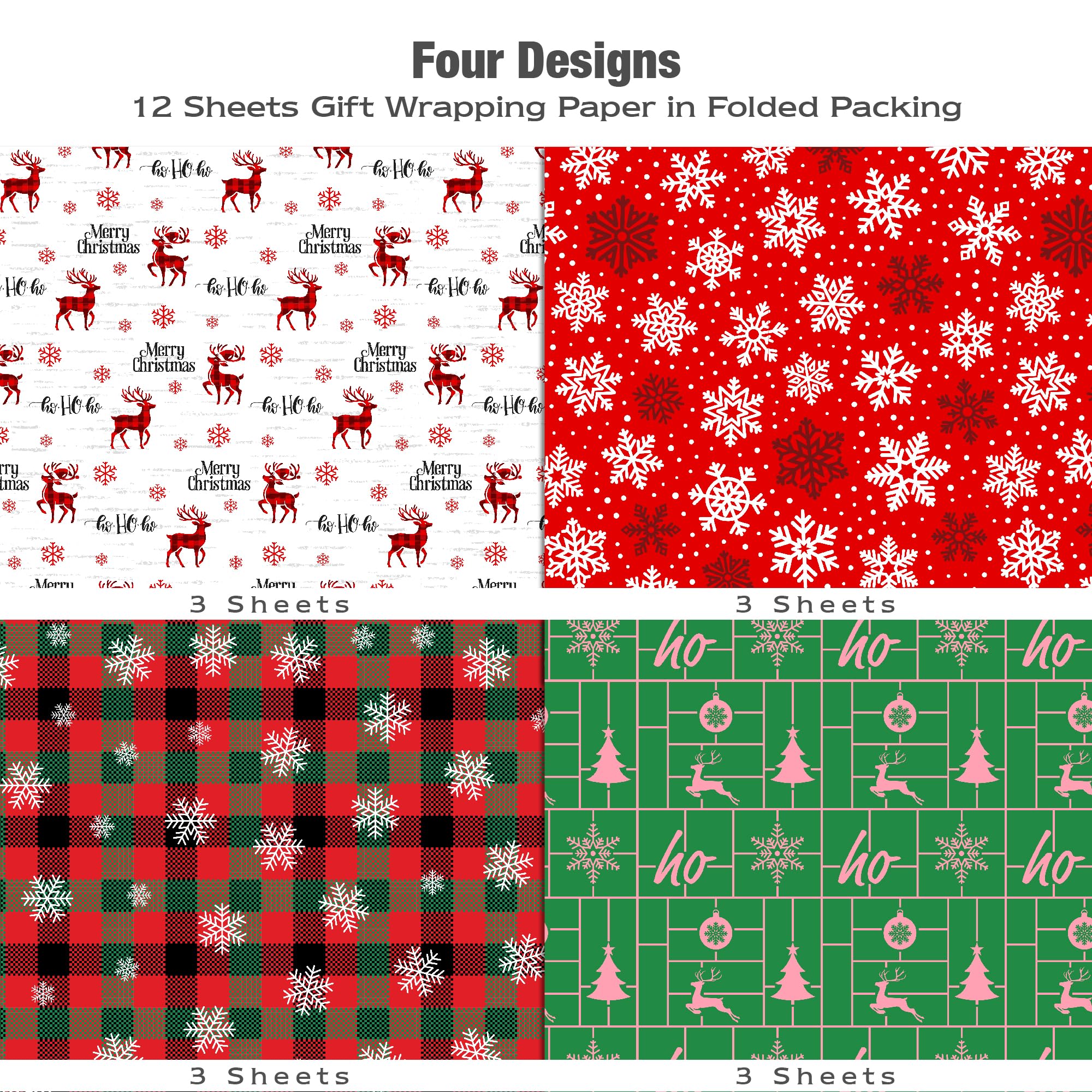 MotiGiftie Christmas Wrapping Paper for Kids Adults - Xmas Wrapping Paper with Red/Green Plaid, Reindeer, Snowflakes, “Ho Ho” Xmas Trees - 20 x 28 Inches, 12 Folded Sheets, Easy to Store