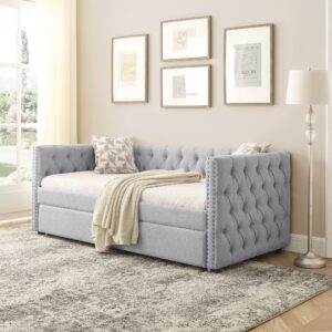 DS-HOMEPORT Daybed with Trundle, Upholstered Tufted Twin Sofa Bed with Button and Copper Nail on Square Arm (Grey)