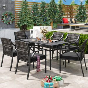 yitahome 7 piece patio dining set, outdoor patio wicker conversation furniture set with umbrella hole and all iron frame for lawn garden backyard deck, soft black cushions (black)