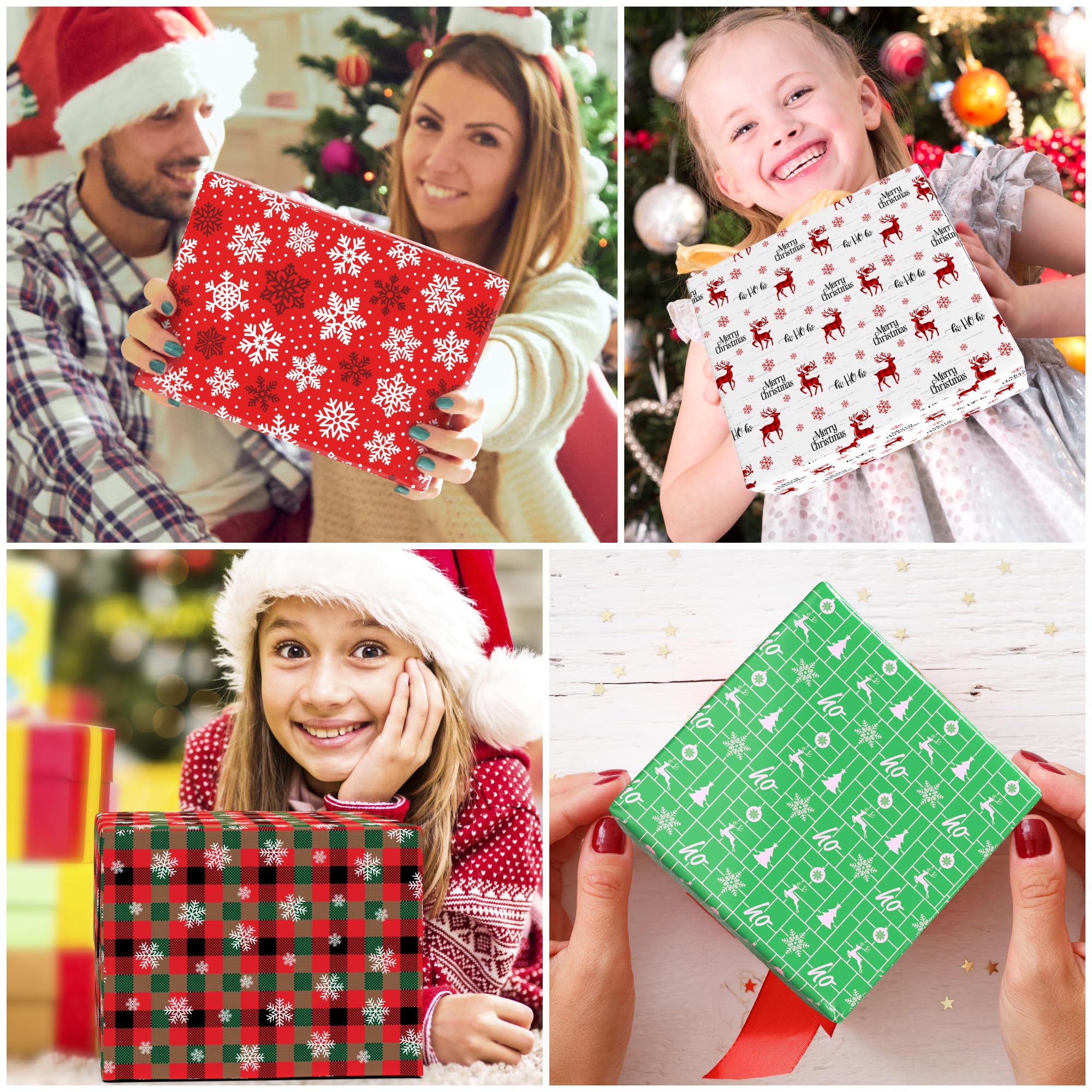 MotiGiftie Christmas Wrapping Paper for Kids Adults - Xmas Wrapping Paper with Red/Green Plaid, Reindeer, Snowflakes, “Ho Ho” Xmas Trees - 20 x 28 Inches, 12 Folded Sheets, Easy to Store