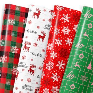 motigiftie christmas wrapping paper for kids adults - xmas wrapping paper with red/green plaid, reindeer, snowflakes, “ho ho” xmas trees - 20 x 28 inches, 12 folded sheets, easy to store