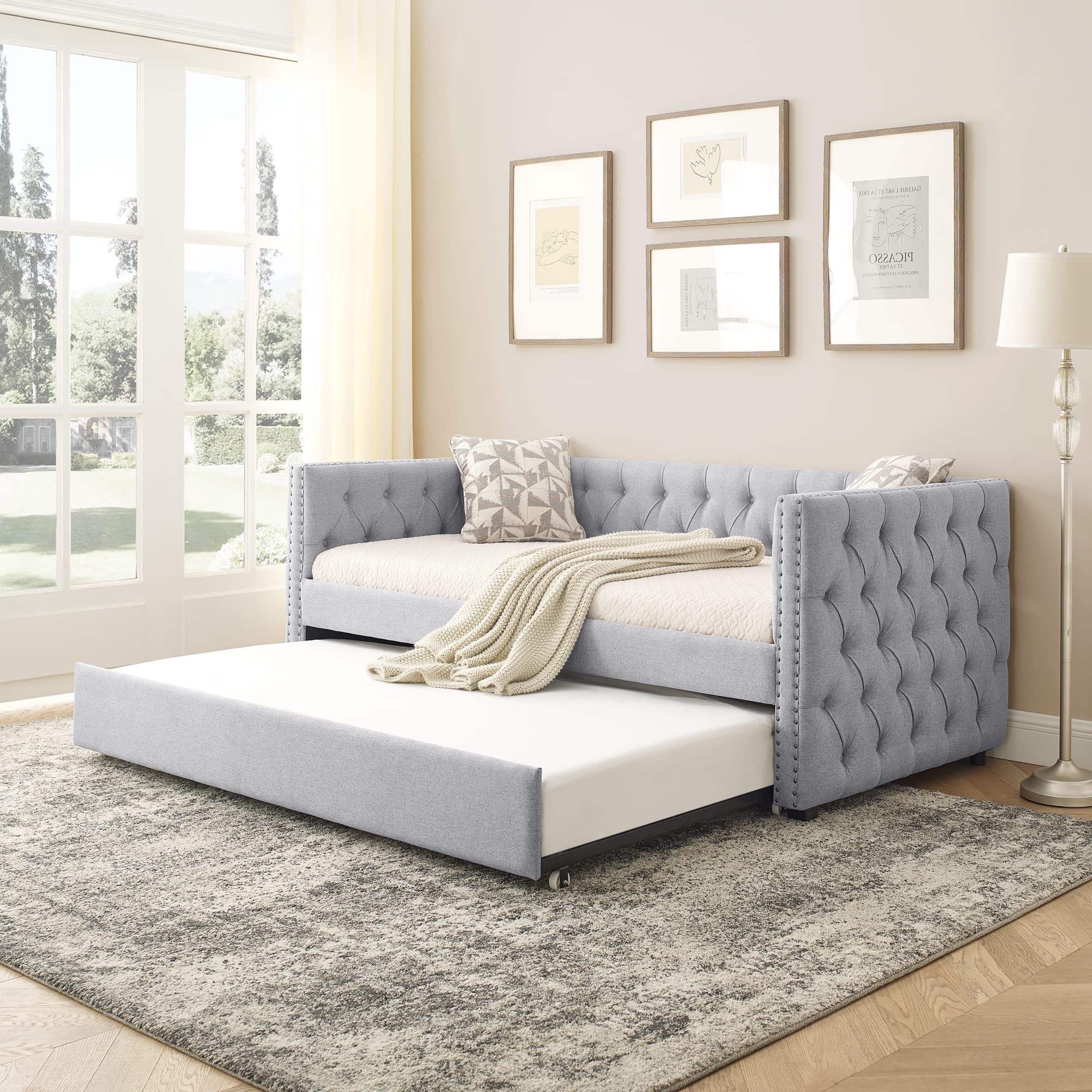 DS-HOMEPORT Daybed with Trundle, Upholstered Tufted Twin Sofa Bed with Button and Copper Nail on Square Arm (Grey)