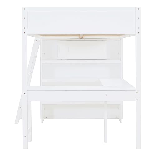 Ball & Cast Full Size Loft Bed with Stair & Safety Guardrail,Solid Wood Bedframe W/Desk & Storage Shelves,Space-Saving,Easy Aseembly,Multifunctional Furniture for Boys Girls Teens Adult Bedroom,White