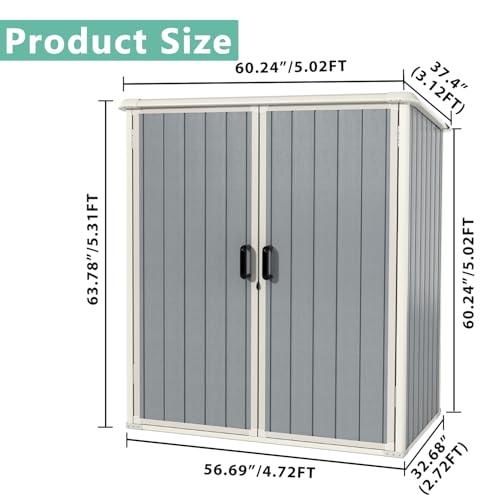 Aoxun Outdoor Storage Shed 5 x 3FT, Resin Shed with Floor and Lockable Door, Plastic Shed for Bike, Garbage Can, Tool, Accessories, Lawn, Garden - Grey