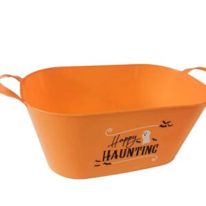 Happy Hunting Orange Oval Bucket with Handle Sentiment Plastic Buckets Handles Gifts Gift Baskets Storage Organizer Containers Party Favor Halloween Holiday Themed Plastic Buckets Decorations