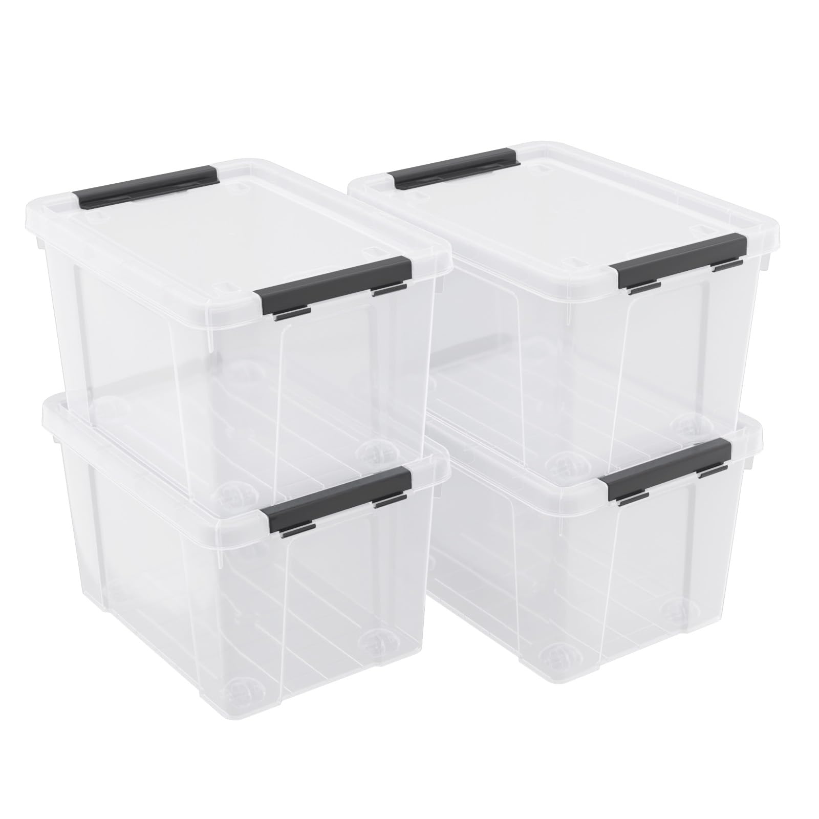 Leendines 4 Pack 22 Quart Plastic Storage Box with Wheels, Clear Storage Latch Box