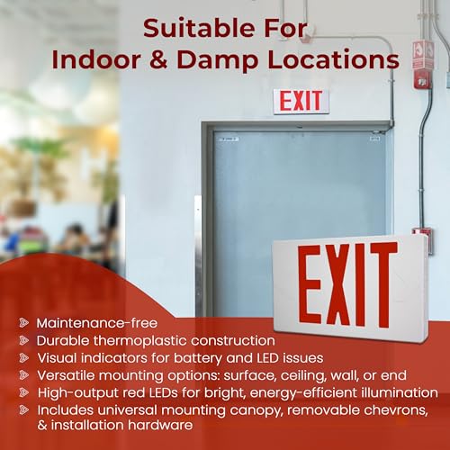 Self-Testing Red LED Exit Sign Light with 90 Minutes Battery Backup - Hard Wired, Self-Diagnostic, Energy-Efficient, White Thermoplastic, Universal Mounting for Commercial and Institutional Use