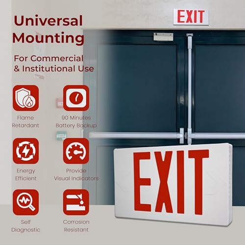 Self-Testing Red LED Exit Sign Light with 90 Minutes Battery Backup - Hard Wired, Self-Diagnostic, Energy-Efficient, White Thermoplastic, Universal Mounting for Commercial and Institutional Use