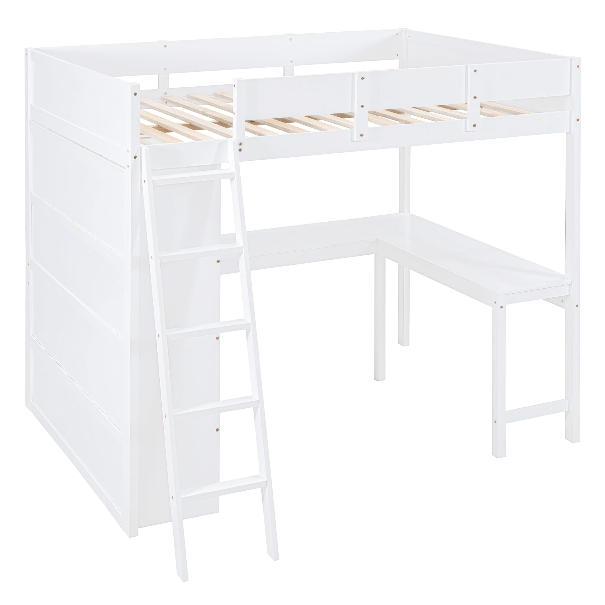 Ball & Cast Full Size Loft Bed with Stair & Safety Guardrail,Solid Wood Bedframe W/Desk & Storage Shelves,Space-Saving,Easy Aseembly,Multifunctional Furniture for Boys Girls Teens Adult Bedroom,White